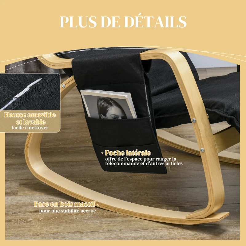 HOMCOM Fauteuil relax à bascule fauteuil allaitement avec repose-pieds réglable, poche latérale et appui-tête, noir