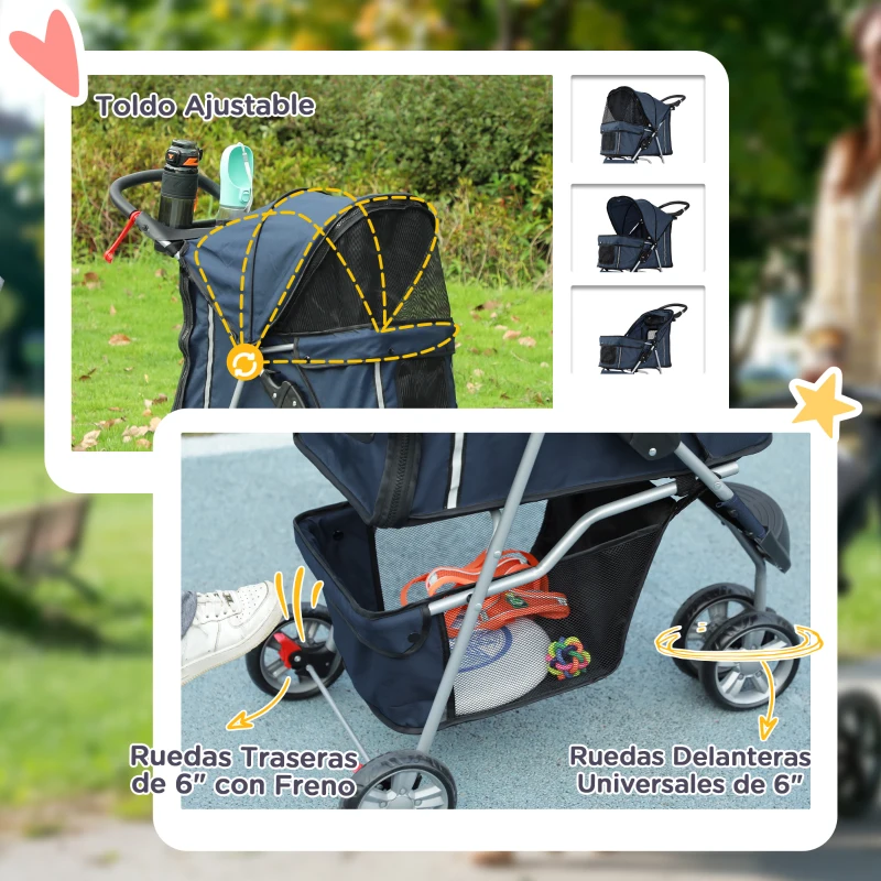 PawHut Carrito para Perros Pequeños con Cesta de Almacenaje Ventanas de Malla y 2 Ruedas Universales 75x45x97 cm Azul Oscuro