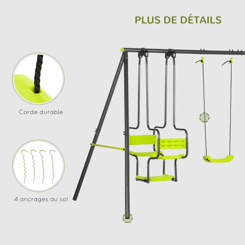 Outsunny Balançoire 4 agrès portique avec balançoire - dim. 3,55L x 1,84l x 1,86H m métal époxy anticorrosion PE Gris