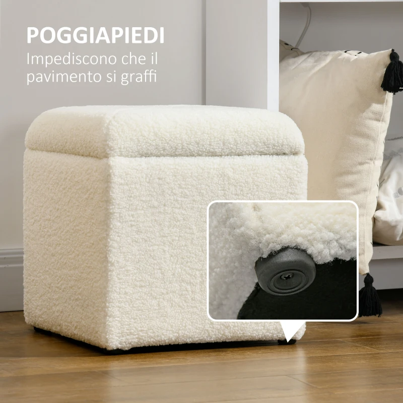 HOMCOM Pouf Contenitore Imbottito in Tessuto Teddy Morbido per Salotto e Camera, 39x39x39cm, Crema