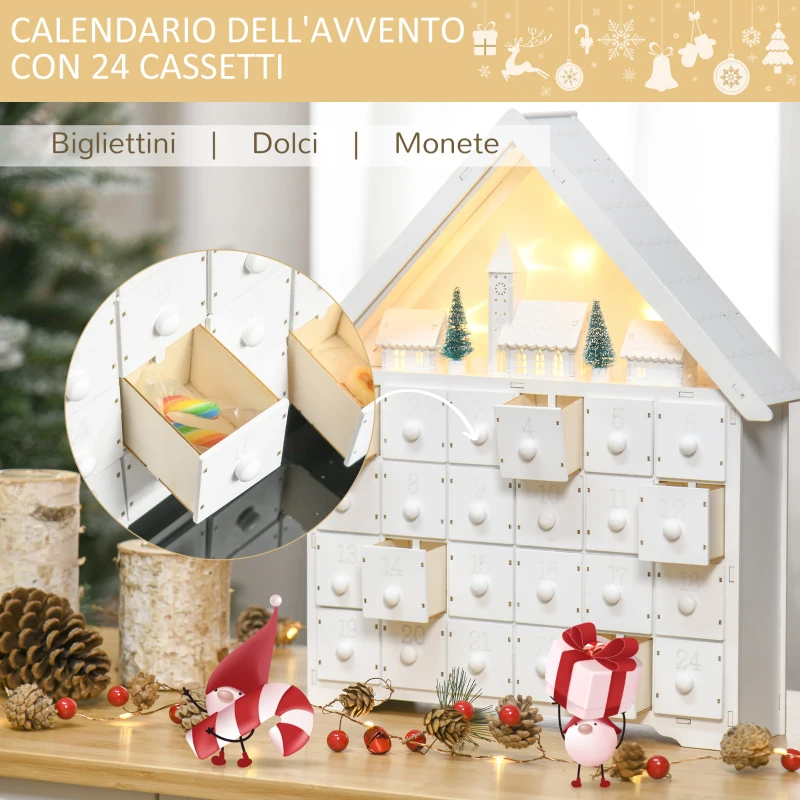 HOMCOM Calendario dell'Avvento in Legno da Riempire con 24 Cassetti e Villaggio di Natale con Alberi e Luci, 39x9x42cm
