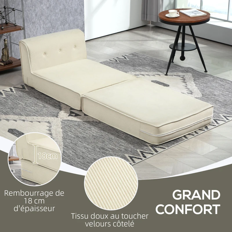 HOMCOM Canapé-lit pliant avec dossier capitonné, chauffeuse convertible, lit d'appoint, salon, bureau, blanc crème