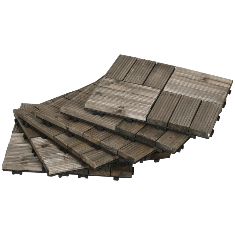 Outsunny 27 Pcs Wooden Interlocking Decking Tiles, Outdoor Flooring Tiles for Patio, Balcony, Terrace, Hot Tub, 30 x 30 cm per Piece, 2.5㎡ per Pack, Charcoal Grey