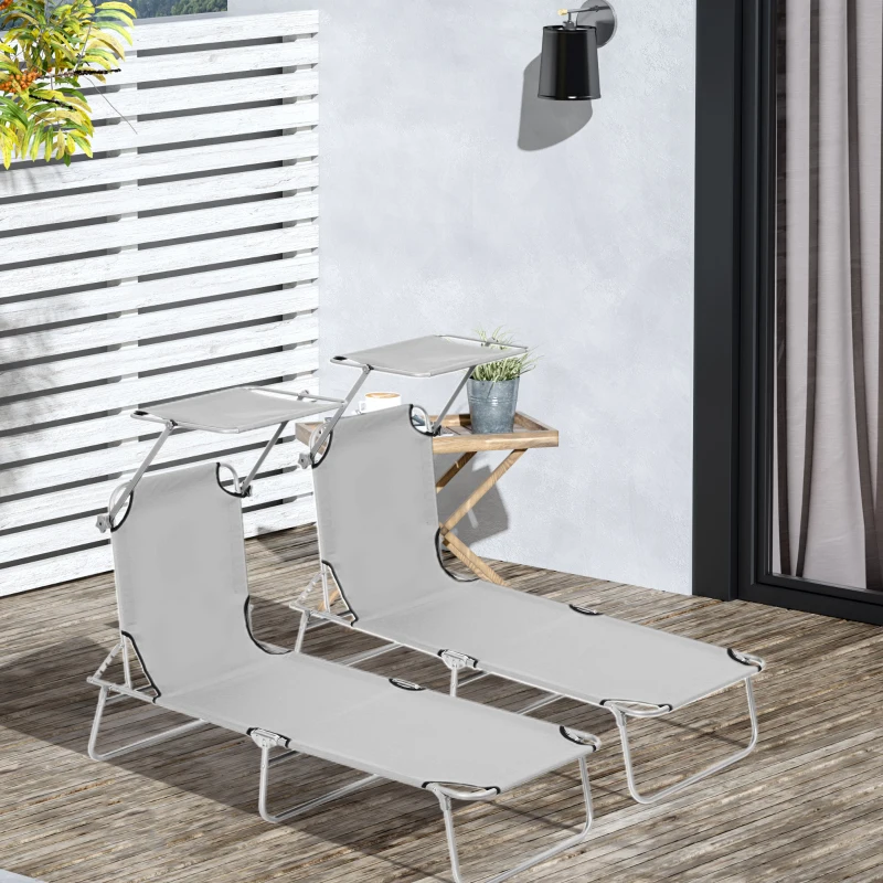 Outsunny 2 Pieces Outdoor Foldable Sun Lounger, 4 Level Adjustable Backrest Reclining Sun Lounger Chair with Angle Adjust Sun Shade Awning for Beach, Garden, Patio, Light Grey