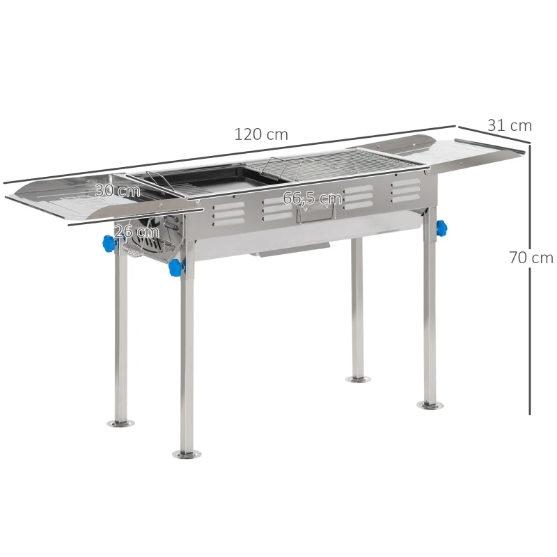 Outsunny Barbacoa de Carbón de Acero Inoxidable Portátil con Altura Ajustable 2 Estantes Plancha y Parrillas al Aire Libre para BBQ Camping Picnics 120x31x60-70 cm Plata