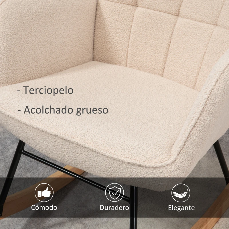 HOMCOM Silla Mecedora de Borreguito Sillón Balancín Oscilante 40° con Patas de Madera de Haya Carga 120 kg 71x98x101 cm Beige