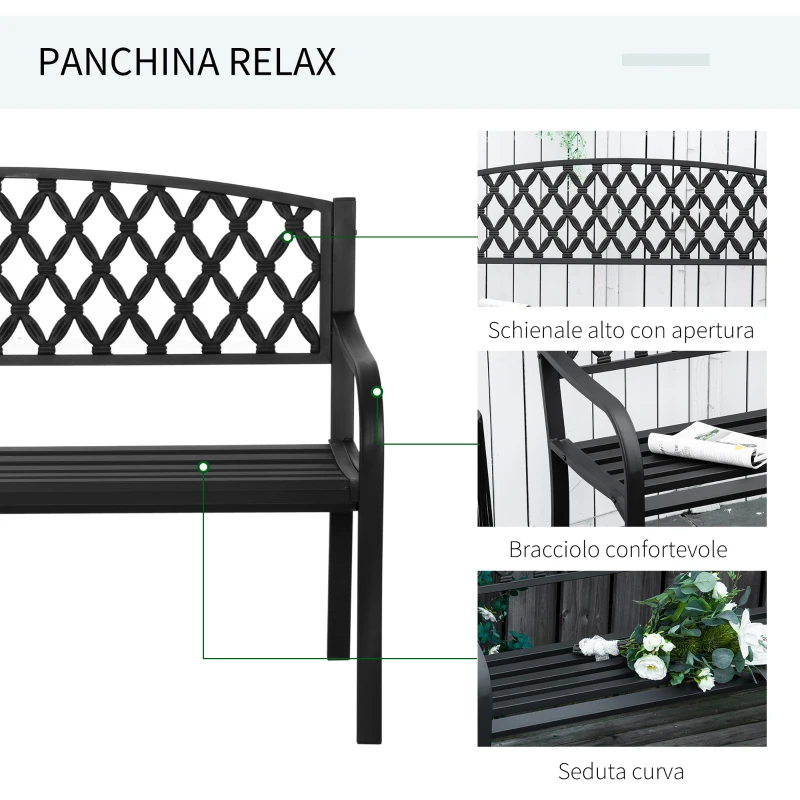 Outsunny Panchina da Esterno 2 Posti con Braccioli in Acciaio e Ghisa, 128x58.5x89cm, Nero