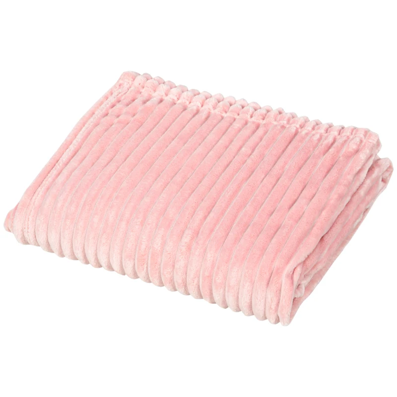 HOMCOM Flannel Fleece Blanket for Sofas, All-Season Fluffy Warm Throw Blanket for Bed, Couch, Chair, Striped Reversible Travel Bedspread, Single Size, 152 x 127cm, Pink