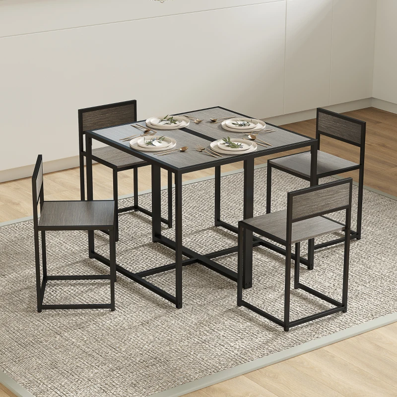 HOMCOM Dining Table and Chairs Set 2, Dining Room Sets, Rectangular Space Saving Table and 2 Chairs for Compact Kitchens, Steel Frame, Grey Wood-Effect
