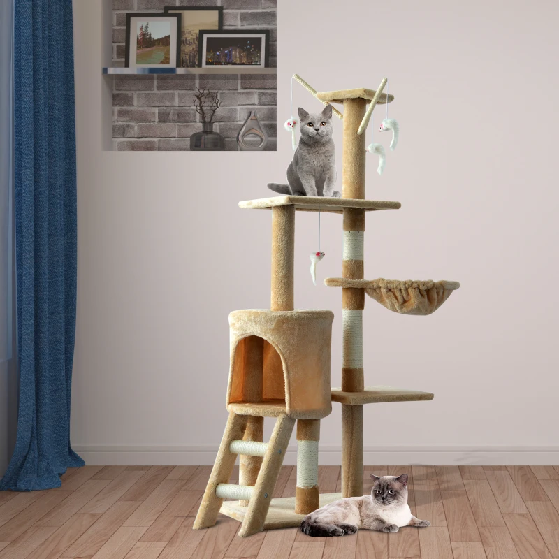 PawHut Arbre à chats multi-équipements griffoirs grattoirs plateformes niche échelle hamac jouets 50L x 35l x 131H cm beige