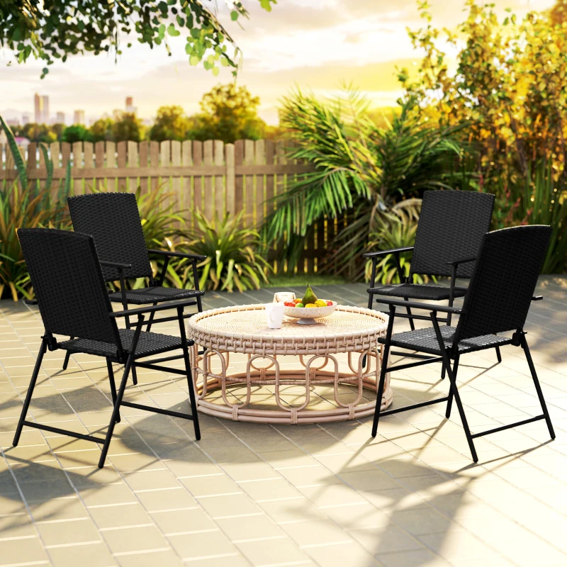 Outsunny Set of Four Folding Rattan Seat Chairs - Black