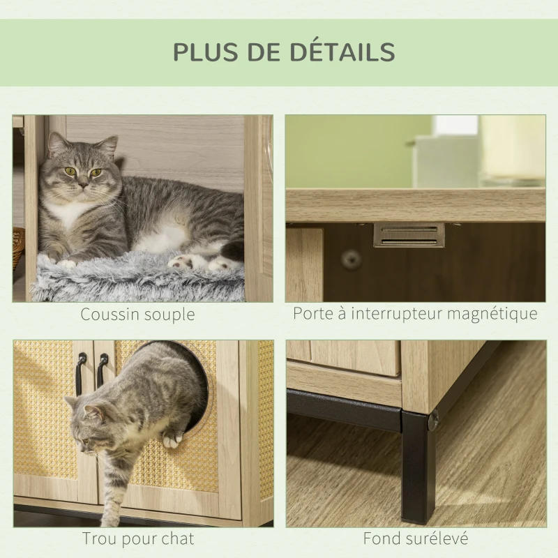 PawHut Meuble maison de toilette pour chat 2 en 1 niche cabane pour chat meuble cache litière chat avec double porte châssis Acier Panneaux Particules Aspect Bois Clair