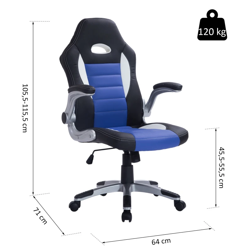 HOMCOM Chaise de bureau fauteuil racing sports pivotante réglable roulettes ergonomique PU 71 x 64 x 105,5-115,5 noir et bleu