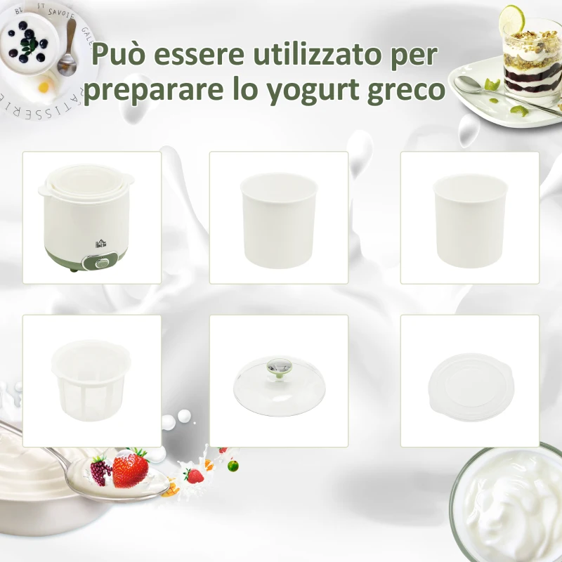 HOMCOM Yogurtiera 20W da 1.5L per 3-5 Persone con 2 Vasetti e Colino, in Plastica, 19.5x17.5x21.4 cm, Bianca