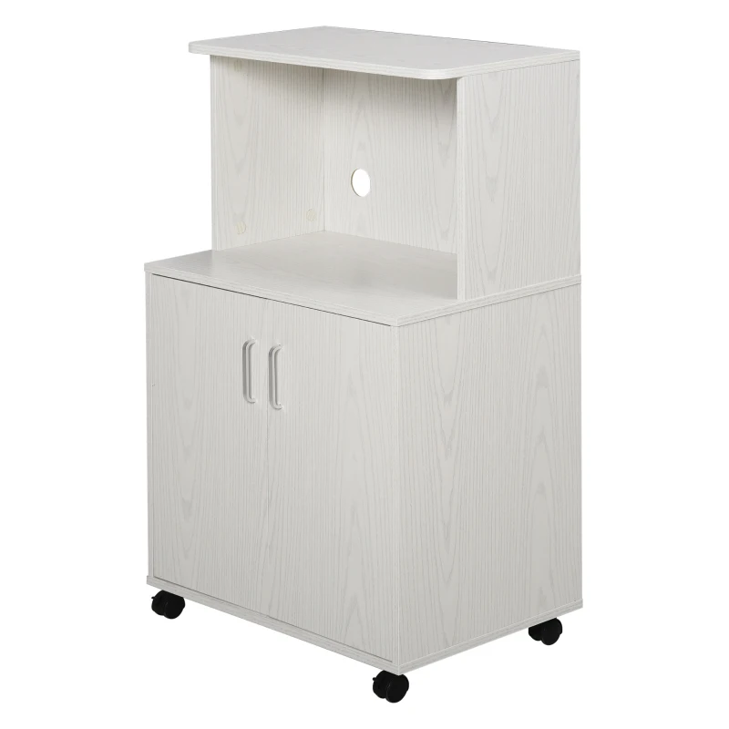 HOMCOM Aparador Auxiliar para Microondas Armario Bajo de Cocina con Armario de 2 Puertas y Estante Ajustable con Ruedas Carga 70 kg 60,4x40,3x97 cm Blanco
