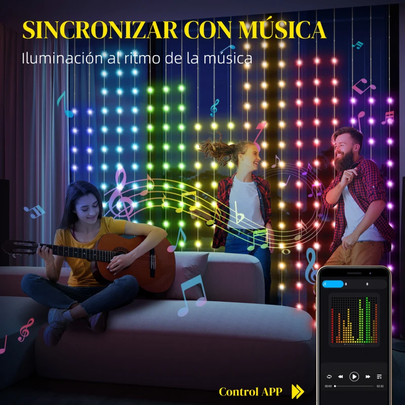 HOMCOM Cortina de Luces LED 3x3m Inteligente con Sincronización Musical Control Remoto y App Efectos y Colores Personalizables