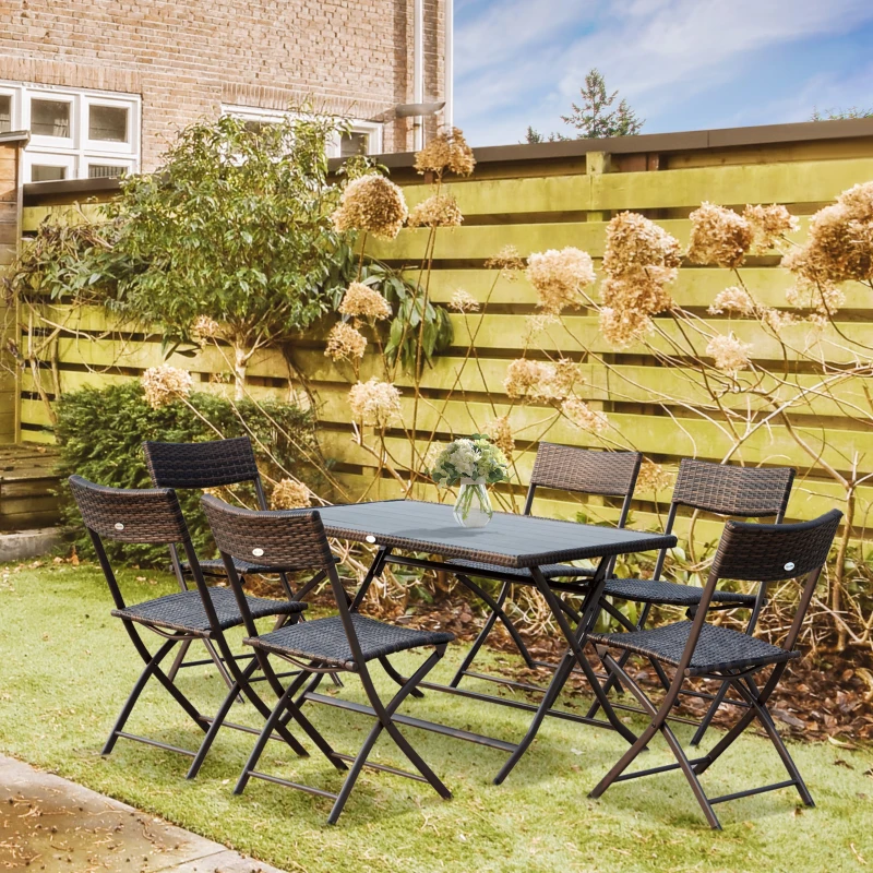 Outsunny Ensemble salon de jardin 6 personnes grande table rectangulaire pliable + 6 chaises pliantes métal résine tressée PS chocolat