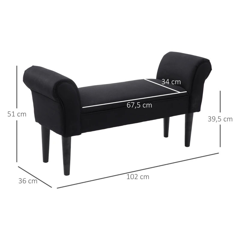 HOMCOM Banc Entrée Bout de Lit Rembourré pour Chambre à Coucher, Tissu à Voile, Noir, 102 x 36 x 51 cm