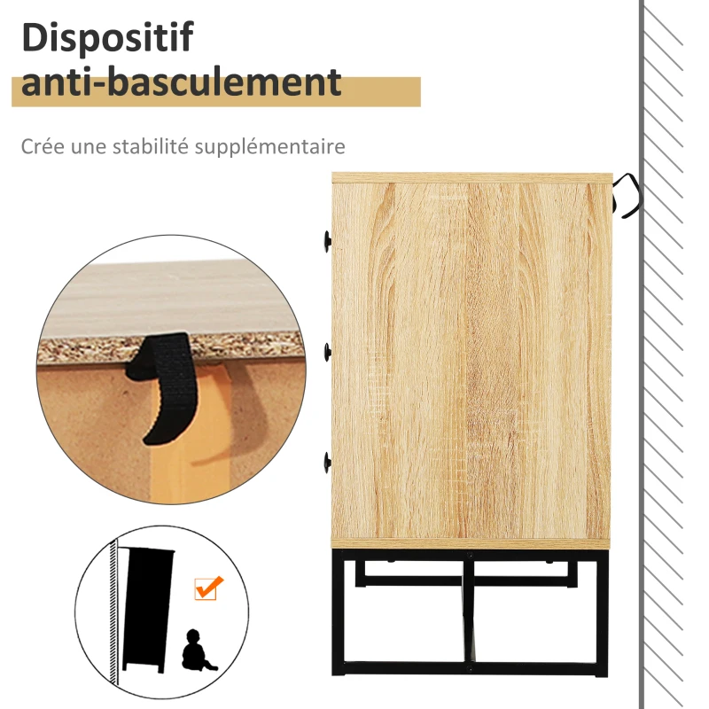 HOMCOM Commode 6 tiroirs meubles de rangement motifs chevrons - métal noir panneaux particules MDF aspect bois clair - dim. 120L x 39,5l x 71H cm