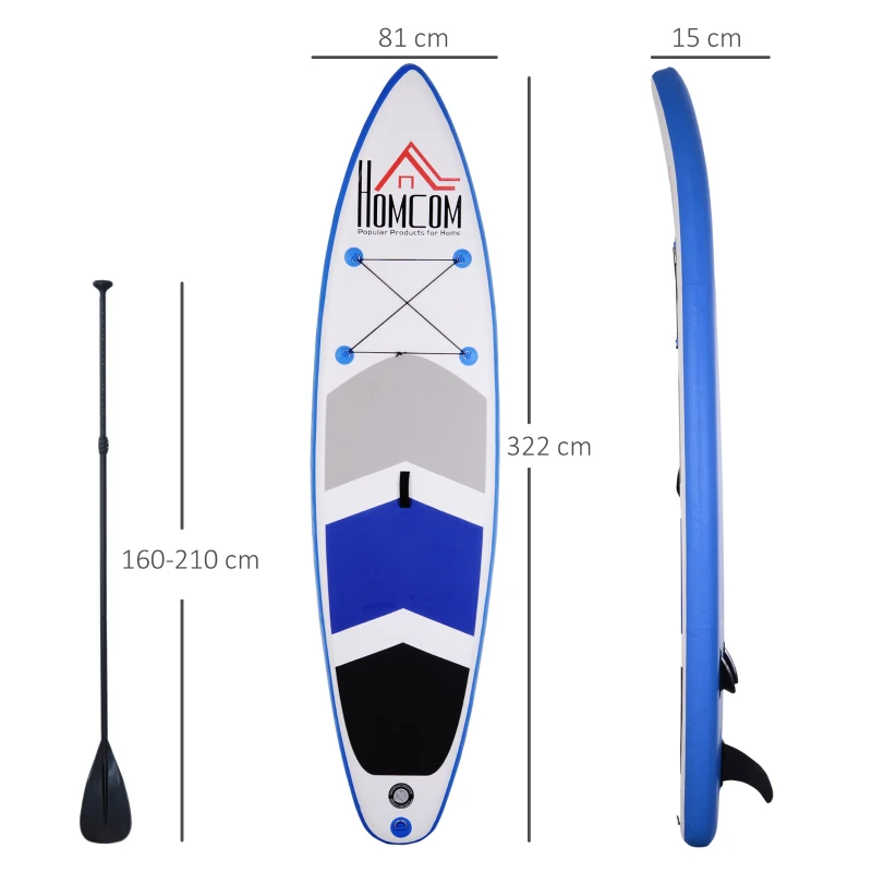 HOMCOM Tavola Gonfiabile SUP Stand Up Paddle con Pagaia Regolabile, Tavola Surf con Accessori 322x81x15cm