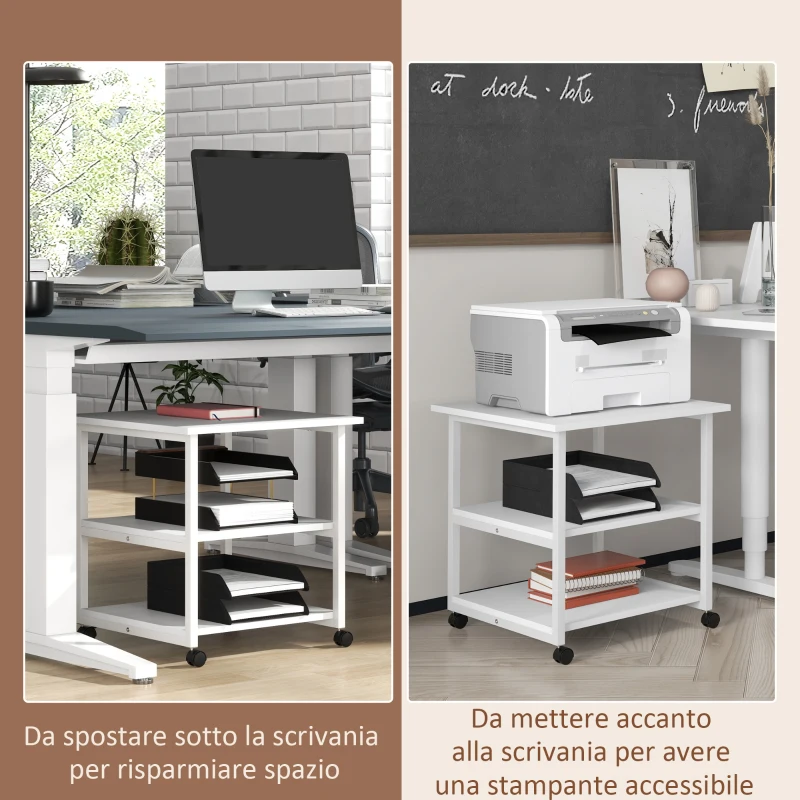 HOMCOM Carrello Porta Stampante a 3 Ripiani con 4 Ruote, Legno e Acciaio, 50x50x52.5cm, Bianco