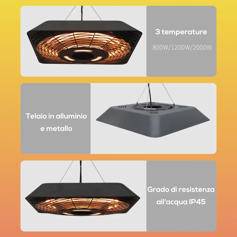 Outsunny Lampada Riscaldante per Esterni con Luce, Potenza 800W/1200W/2000W e Telecomando, 45x45x10cm, Nero