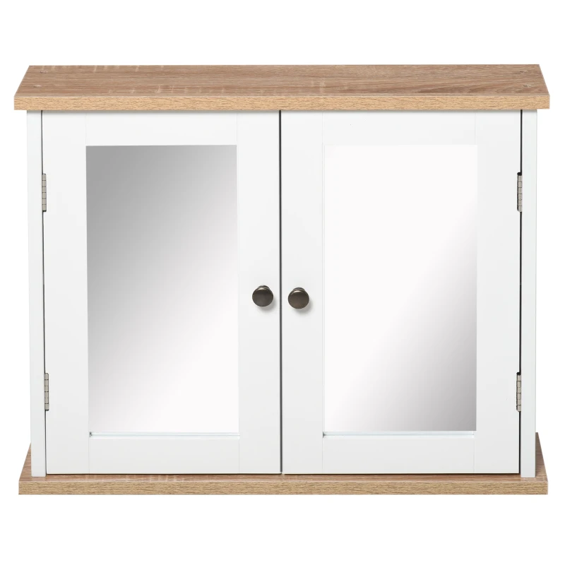 kleankin Armario de Baño de Pared con Espejo 2 Puertas Estante Ajustable en 3 Posiciones Espacio de Almacenaje para Cocina Medicinas 56x14x46 cm Blanco