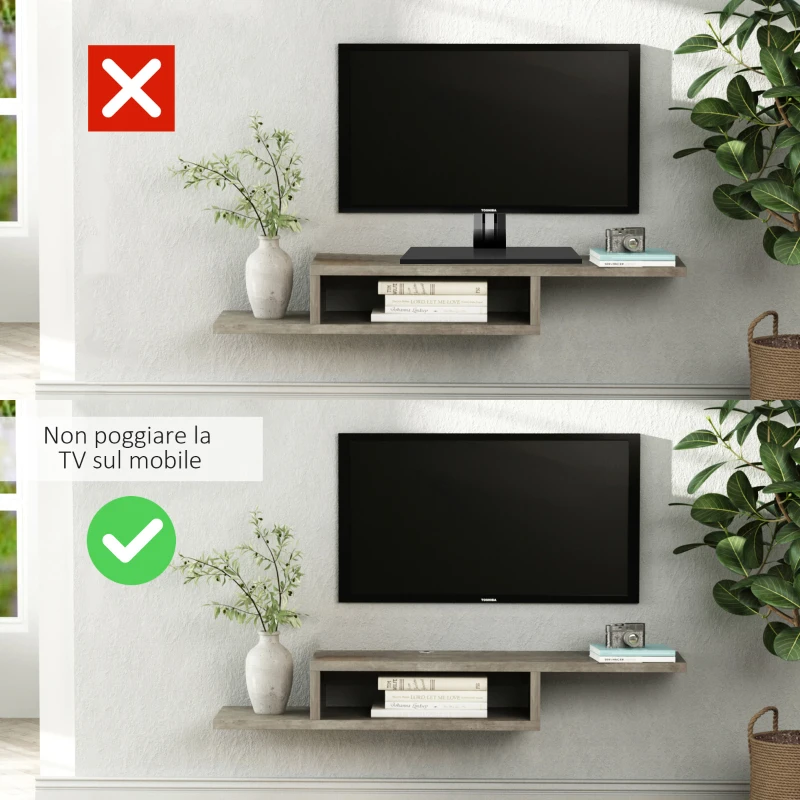 HOMCOM Mobile Sotto TV con Design Moderno Sospeso a Parete Grigio Cemento con 2 Ripiani e Passacavi, 152.4x29.8x21cm