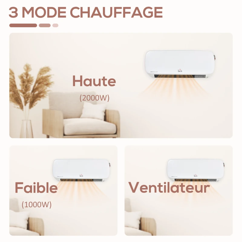 HOMCOM Radiateur mural soufflant 2000 W - chauffage céramique PTC - 3 niveaux de puissance - télécommande incluse blanc noir