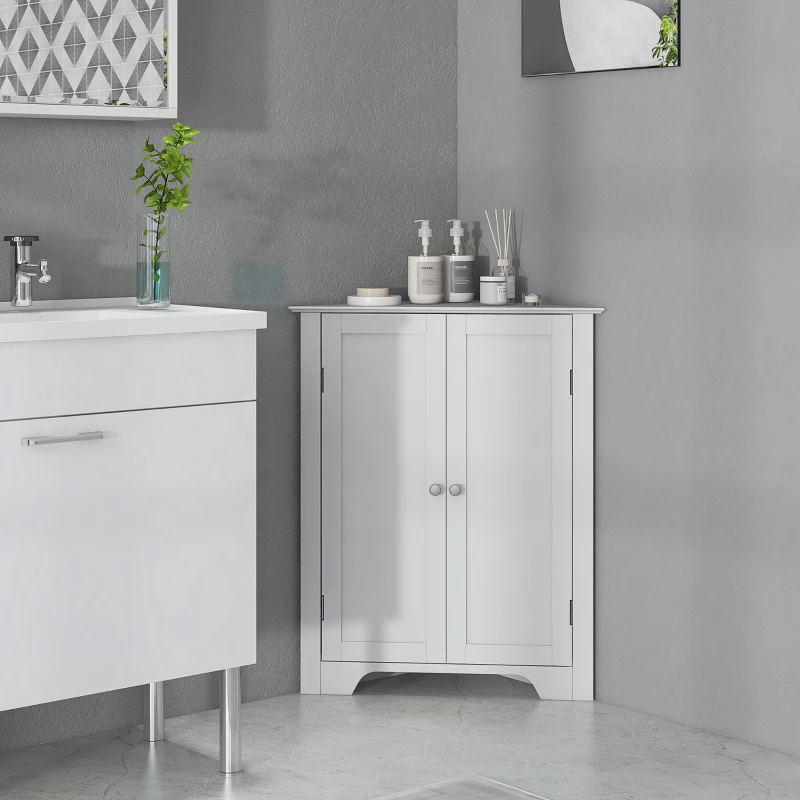 kleankin Triangle Bathroom Cabinet, Corner Bathroom Storage Unit with Adjustable Shelf and Recessed Door, Free Standing, White