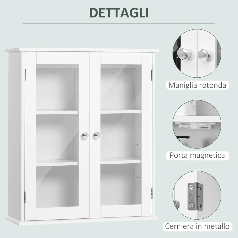 kleankin Armadietto Pensile Bagno a 2 Ante in Legno e Vetro con Ripiano Regolabile, 55x20x65 cm, Bianco