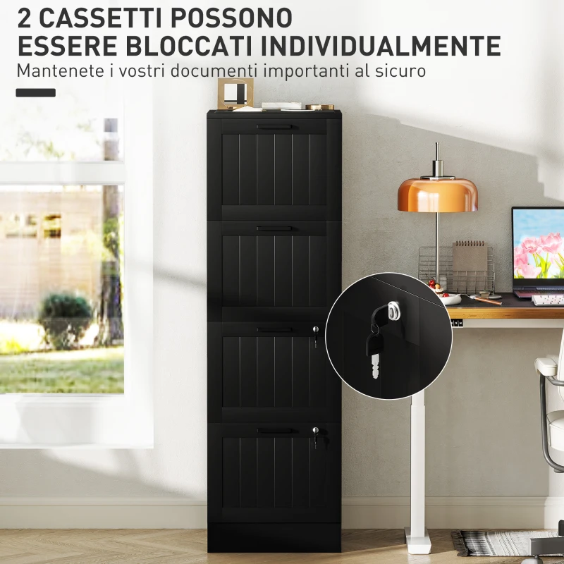 HOMCOM Cassettiera Portadocumenti a 4 Cassetti con Binario Regolabile e 2 Serrature, in Legno, 40x40x131 cm, Nero