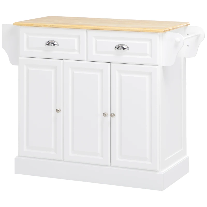 HOMCOM Kitchen Island with Storage Rolling Kitchen Serving Cart with Rubber Wood Top Towel Rack Storage Drawer Cabinet White