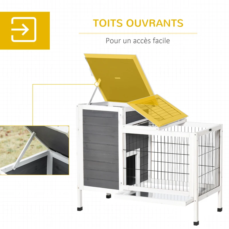 PawHut Clapier sur pieds cage à lapin avec niche intérieure plateau excrément coulissant porte supérieure 92L x 51l x 76H cm gris blanc