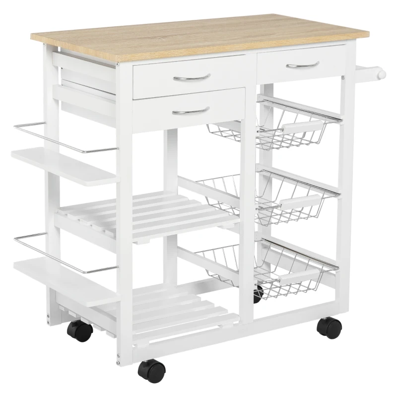 HOMCOM Carrello da Cucina con Ruote, Mobile da Cucina Salvaspazio in Legno Massiccio: 3 Cassetti, 3 Cestelli, 2 Portaspezie, 2 Ripiani, 92x37x82 cm