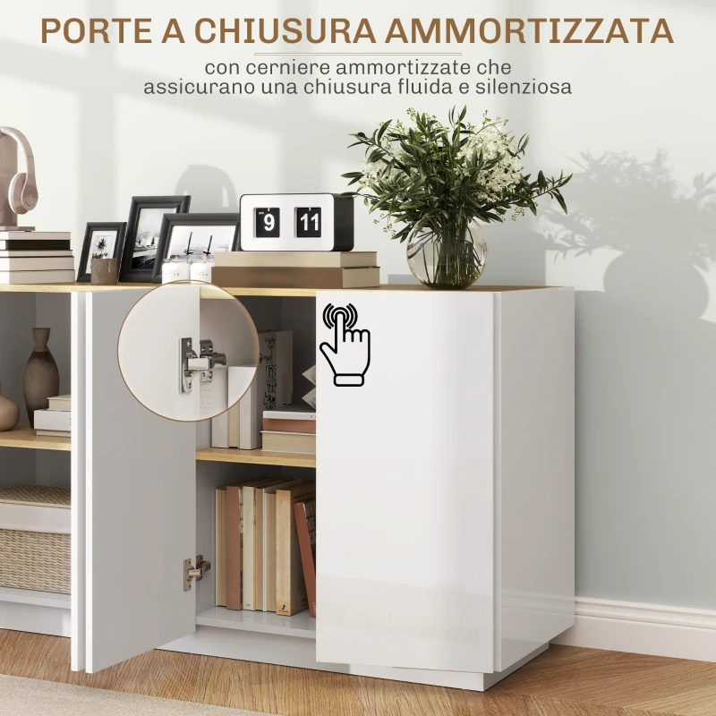 HOMCOM Credenza Moderna con Armadietti a 2 Ante, Chiusura Ammortizzata e Ripiani Regolabili, 140x40x75cm, Bianco Lucido