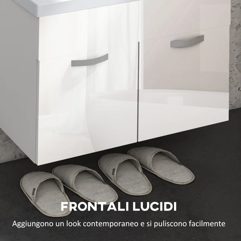 kleankin Mobile Bagno Sospeso con Lavabo, Armadietto a 2 Ante con Cerniere Ammortizzate, 61x40x50cm, Bianco Lucido