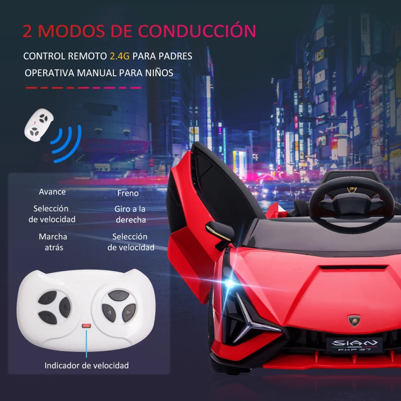 HOMCOM Coche Eléctrico para Niños de +3 Años Lamborghini SIAN Coche de Batería 12V con Mando a Distancia Apertura de Puerta Música MP3 USB y Faros 3-5 km/h 108x62x40 cm Rojo(m-4)