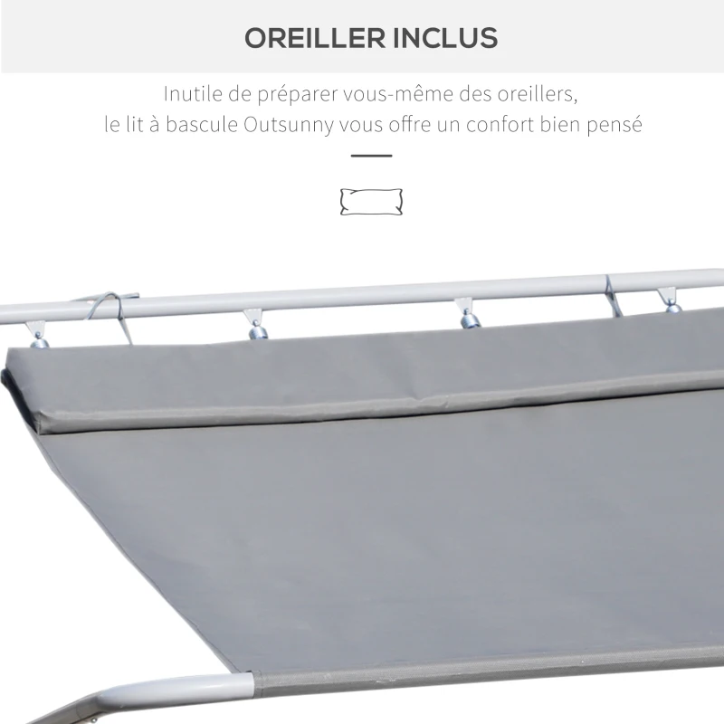 HOMCOM Bain de Soleil transat de Jardin 2 Personnes chaise longue Bascule hamac tétière inclus pour Jardin, Piscine, Terrasse dim. 2,12 x 1,75 x 0,6 m Gris