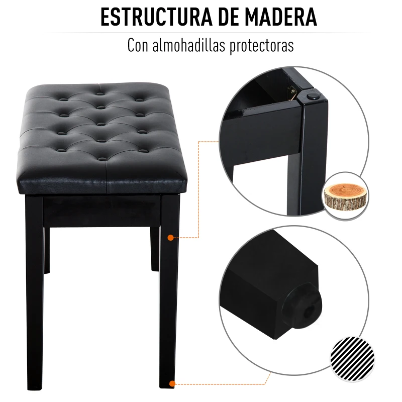 HOMCOM Taburete de Piano Banco de Teclado con Espacio de Almacenamiento Bajo del Asiento de Cuero Sintético 76x36x50 cm Negro