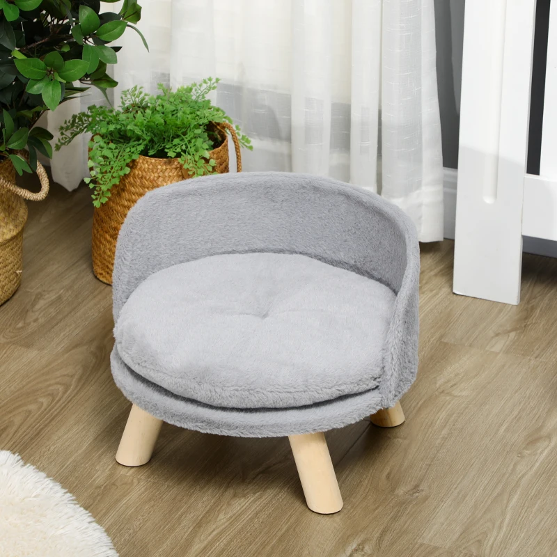 PawHut Divano per Gatti e Cani Rotondo in Peluche e Legno con Cuscino Extra, Ø40.5x33 cm, Grigio