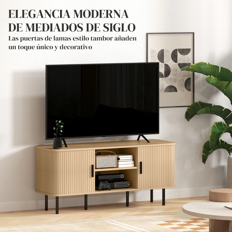 HOMCOM Mesa de TV con 2 Puertas Correderas Tipo Persiana 2 Estantes Abiertos para Televisores de 55 Pulgadas 120x40x55 cm Roble