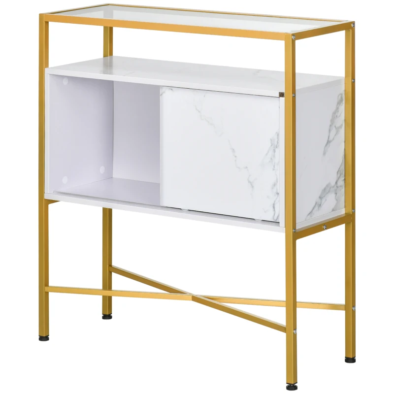 HOMCOM Mobile per Soggiorno, Cucina o Ingresso con Piano in Vetro e Ripiano Aperto in MDF, 80x30x90 cm, Bianco e Oro