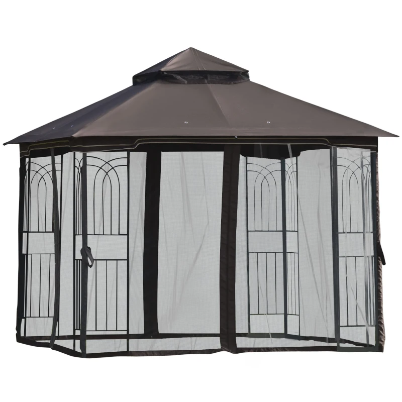 Outsunny 3 x 3 Meter Metal Gazebo Garden Outdoor 2-tier Roof Marquee Party Tent Canopy Pavillion Patio Shelter with Netting and Shelf Coffee