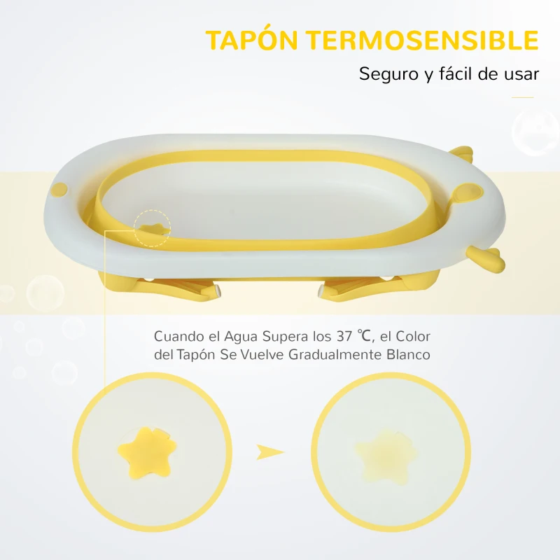 HOMCOM Bañera Plegable para Bebé Recién Nacido hasta 3 Años 81,5x50,5x23,5 cm con Tapón Termosensible Cojín
