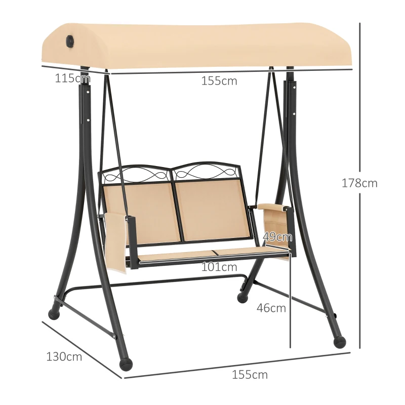 Outsunny Dondolo da Giardino 2 Posti con Tetto Parasole Regolabile e Tasche Laterali, Beige
