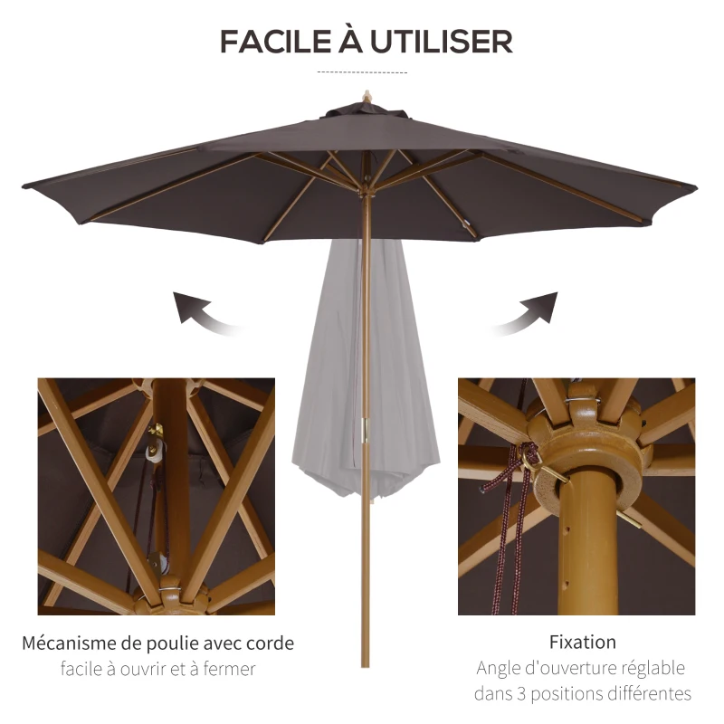 Outsunny Parasol de jardin extérieur parasol droit double toit en bois polyester haute densité protection solaire Ø 3 x 2,5 m chocolat