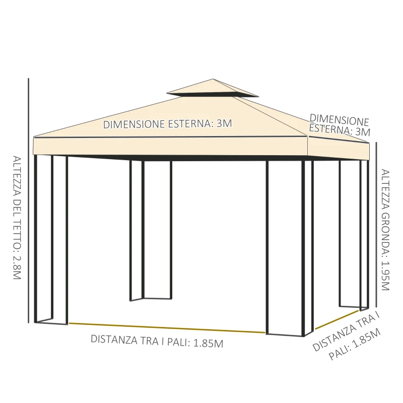 Outsunny Gazebo da Giardino 3x3m con Zanzariera, Telaio in Acciaio e Doppio Tettuccio, Beige