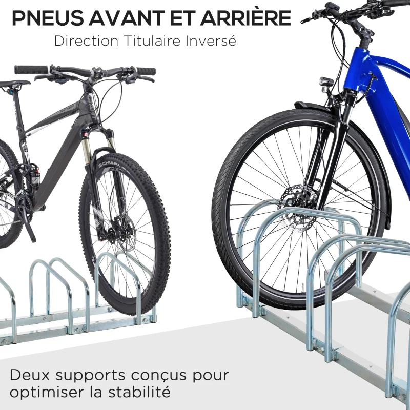 HOMCOM Râtelier pour 4 vélos 100 x 33 x 27 cm Fixations au Sol Acier Galvanisé Argent