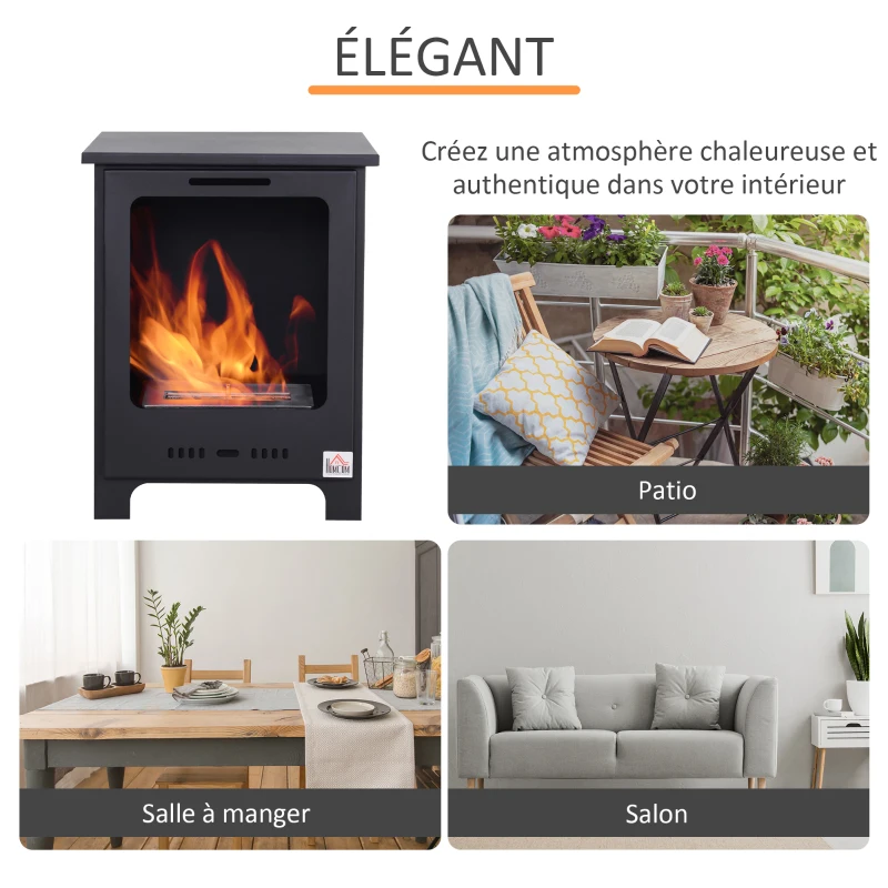 HOMCOM Cheminée bioéthanol sur Pieds brûleur 0,9 L, 3h de durée de combustion Style néo-rétro poêle dim. 40L x 30l x 50H cm Couverture 20-25 m² Noir
